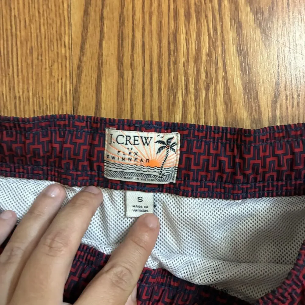 J.Crew Men’s S 6” Stretch Swim Trunks Red Blue Geometric Print Soft-Lined Vaca